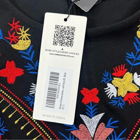 Lai Meng Five Cats Embroidered Floral Folk art Mini Dress Black Size XL NWT - Picture 11 of 14